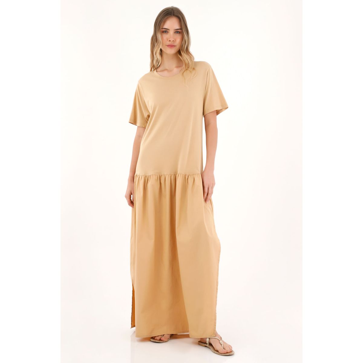 TOPMARK - Vestido largo en mix de telas café para mujer