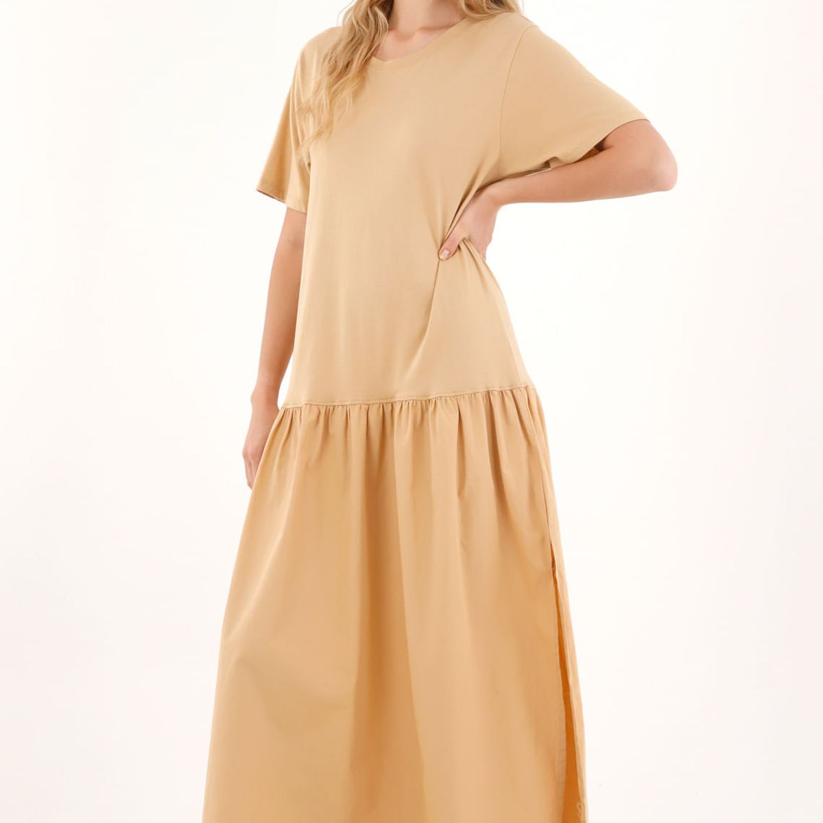 TOPMARK - Vestido largo en mix de telas café para mujer