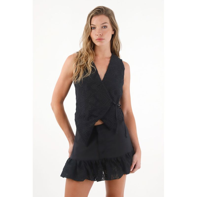 TENNIS - Camisa tipo chaleco bordada negra para mujer