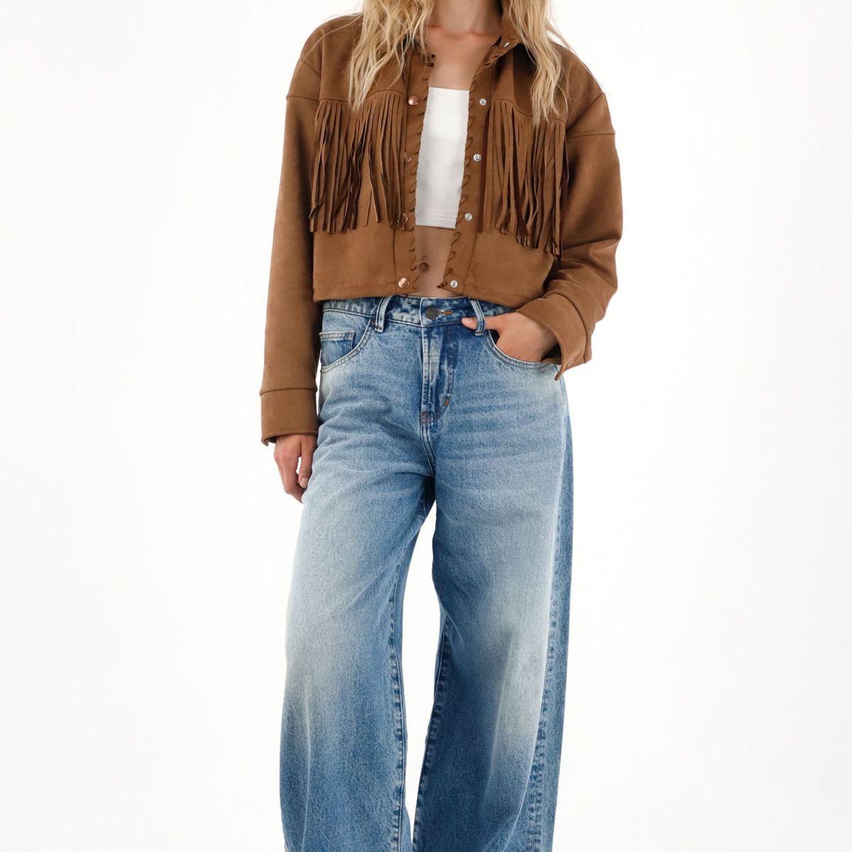 TENNIS - Chaqueta café en suede con flecos para mujer