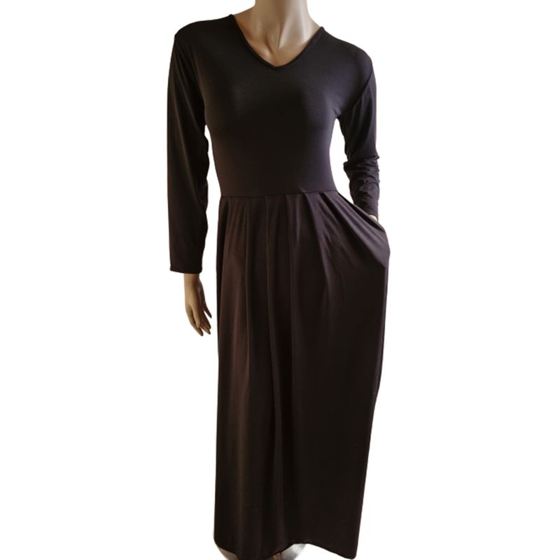 VIA7 - Vestido largo manga larga de bolsillos cuello V negro