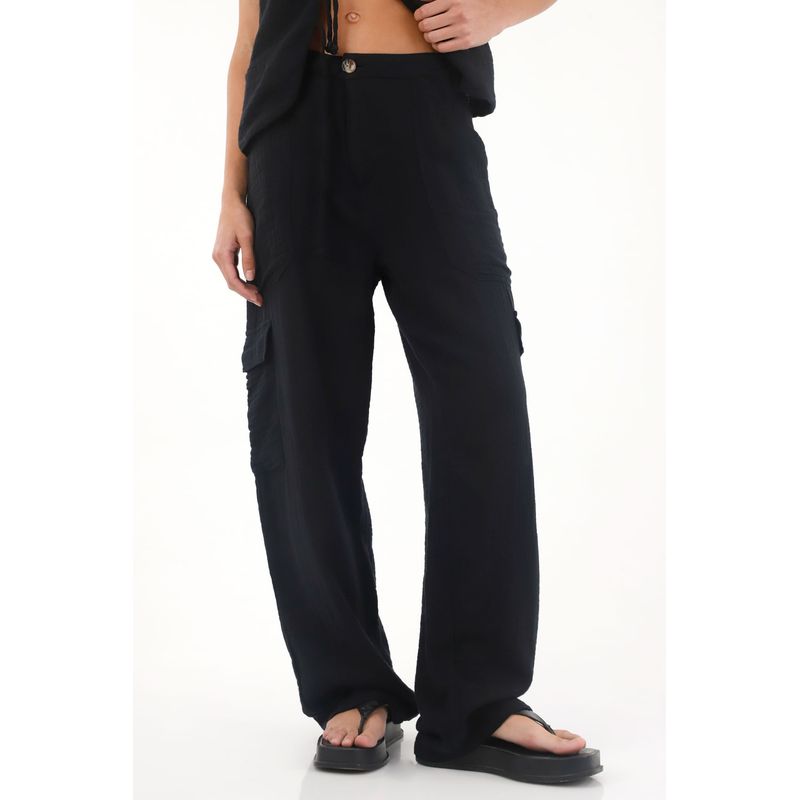 TOPMARK - Pantalón Cargo en 100% algodón negro para mujer