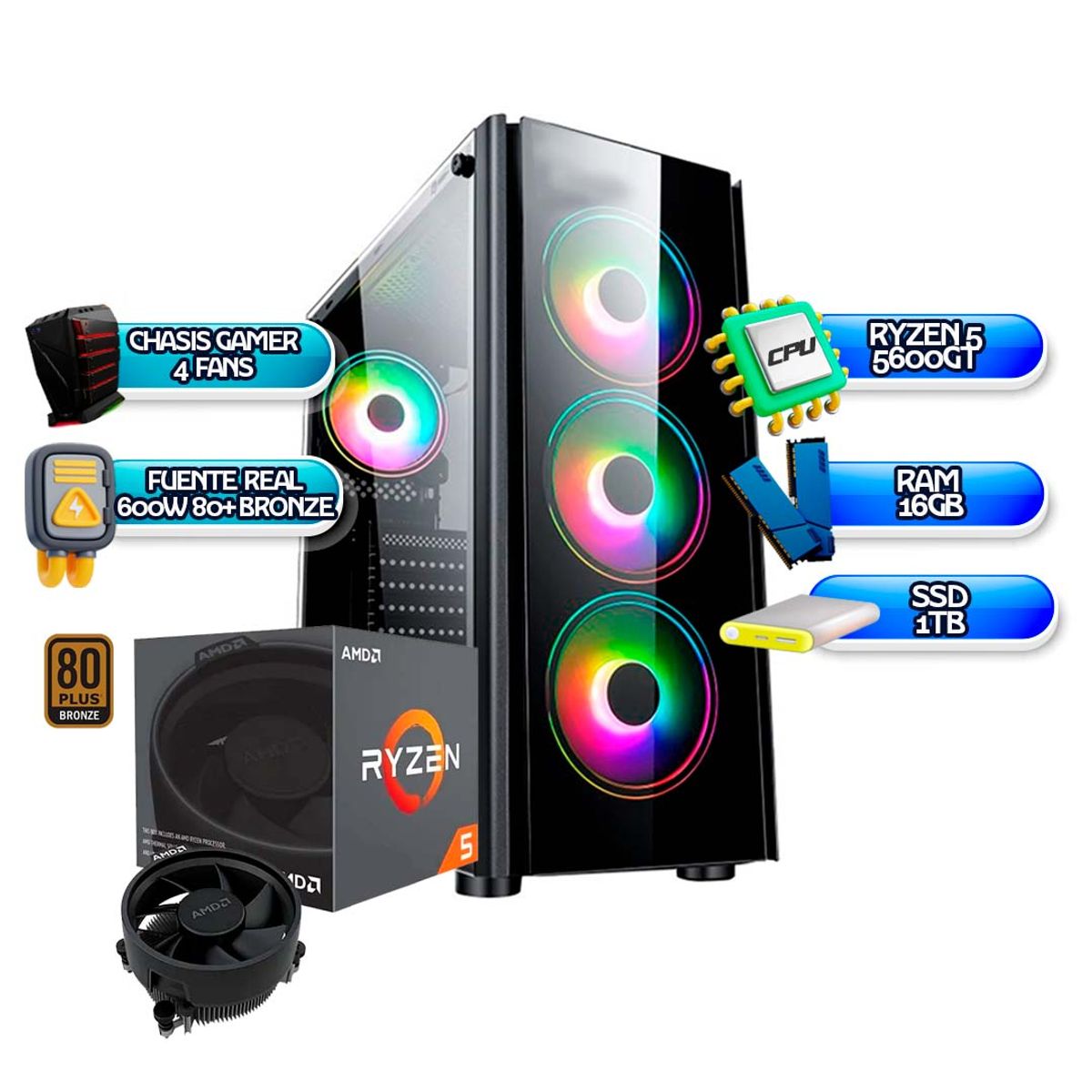 AMD - TORRE GAMER RYZEN 5 5600GT - 16GB RAM - SSD 1TB - FUENTE 600W 80+ BRONZE