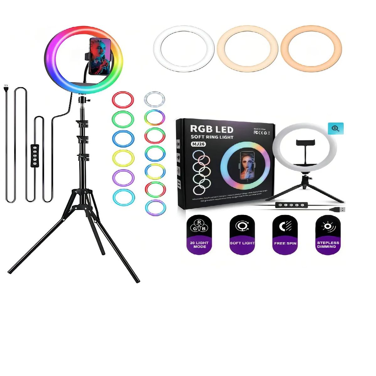 SKY - Aro Luz Rgb 26 Cm Led Trípode Profesional 210cm 4 Modos Estructura