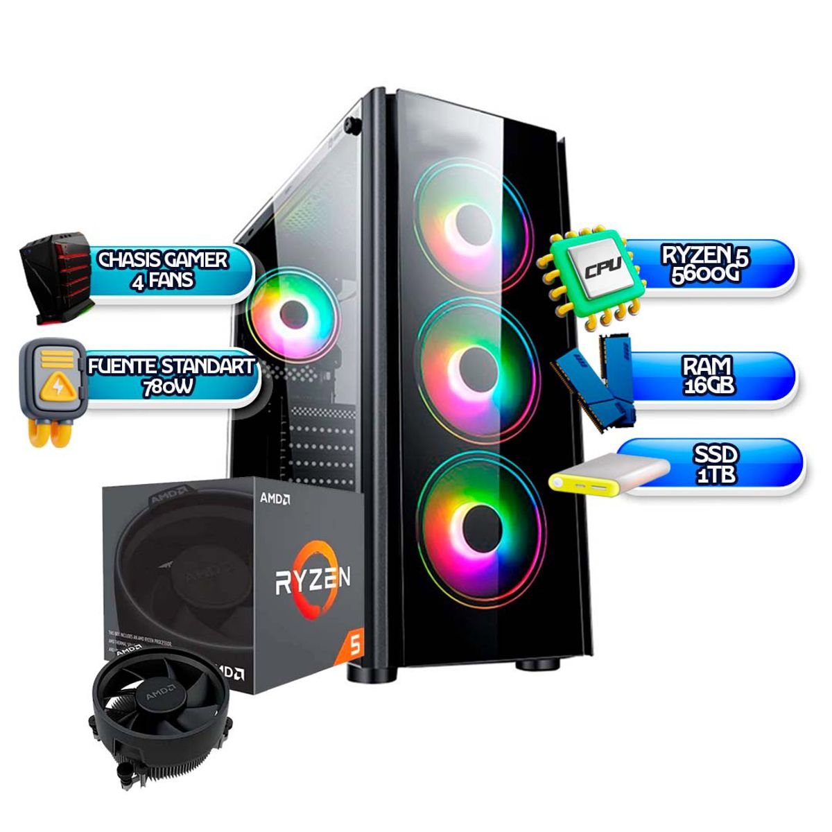 AMD - TORRE GAMER RYZEN 5 5600G 16GB RAM SSD 1TB B550 (WIFI BT) FUENTE 780W