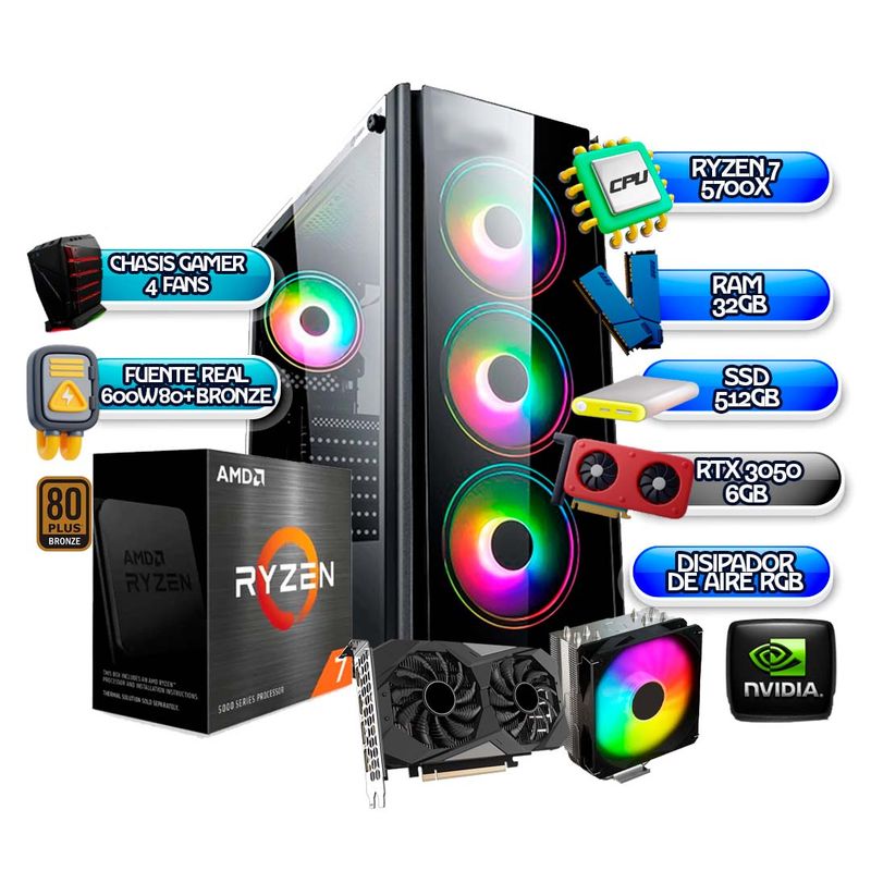 AMD - TORRE GAMER RYZEN 7 5700X / RTX 3050 6GB / 32GB RAM / SSD 512GB / FUENTE 600W