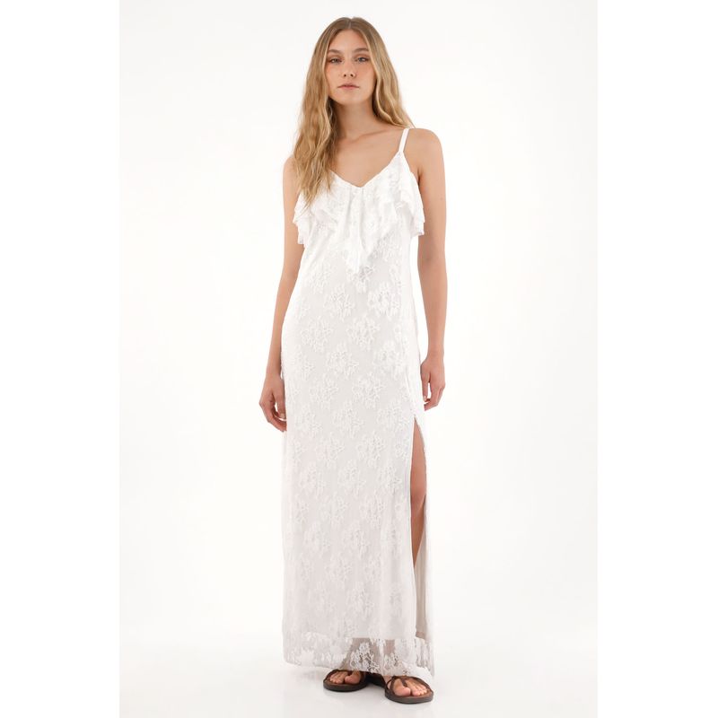 TENNIS - Vestido largo en encaje con escote en V crudo para mujer