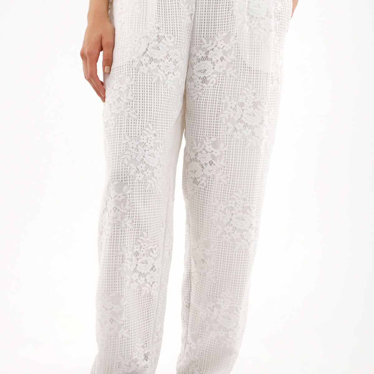 TENNIS - Pantalón Recto en tela bordada crudo para mujer