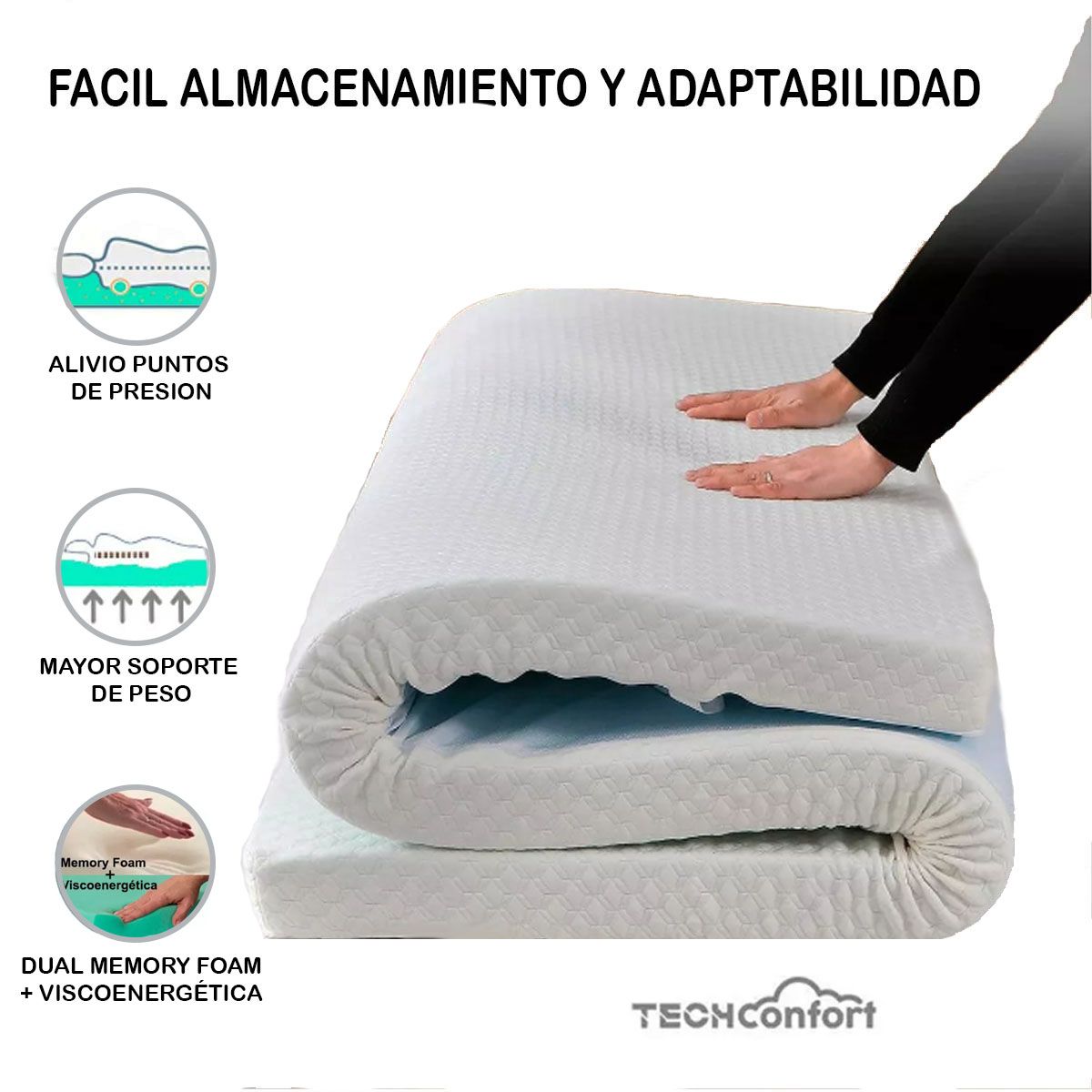TECHCONFORT - Sobrecolchon Topper Dual Memory Foam Viscoenergética 140x190x7 cm