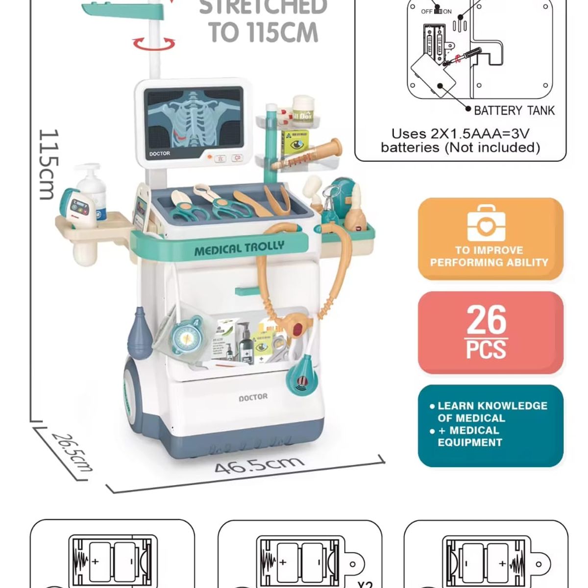 GENERICO - Kit Carro de Atencion Medica Movil x 26 Piezas Juego Roles - Juguete Doctor