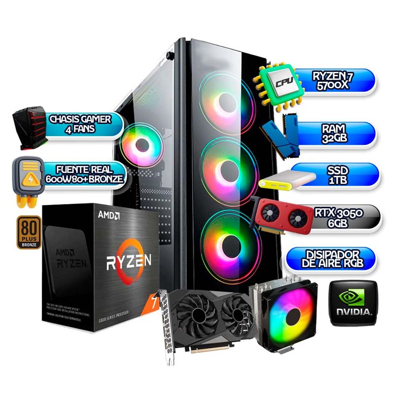 AMD - TORRE GAMER RYZEN 7 5700X RTX 3050 6GB 32GB RAM SSD 1TB B550 (WIFI BT) 600W BRZ
