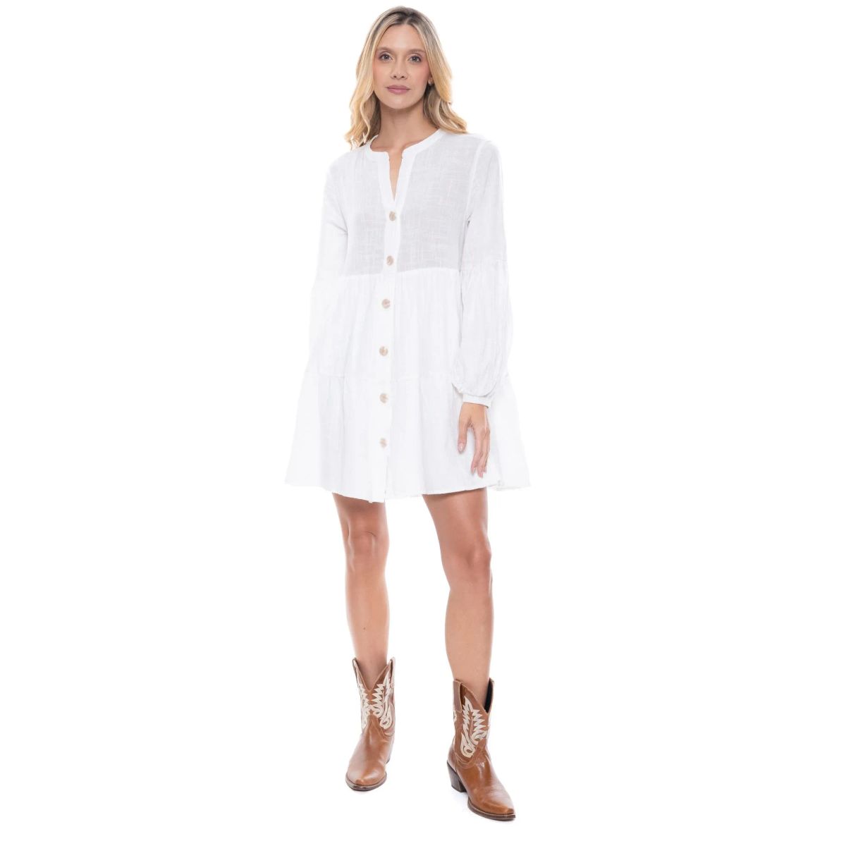 COLOR BLUE - Vestido Corto Manga Larga Con botones Delanteros