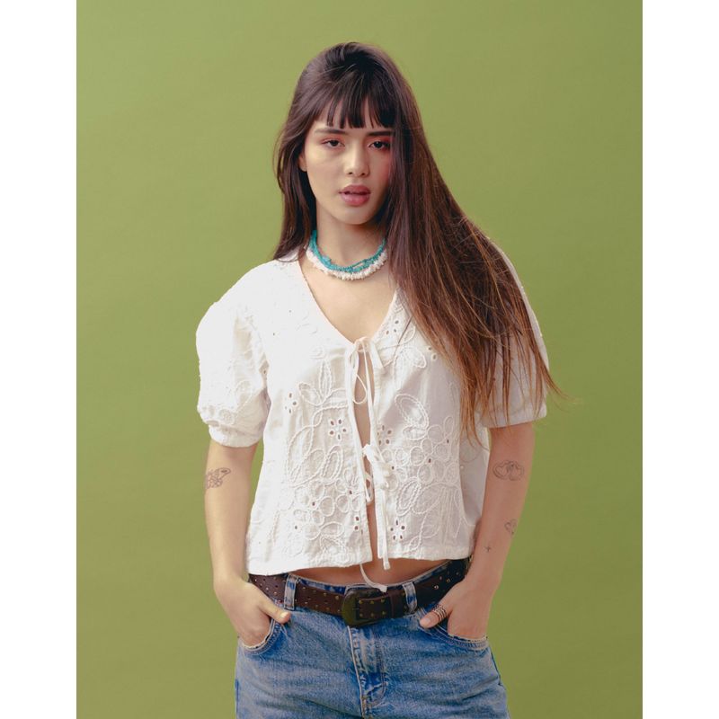 COLOR BLUE - Camisa Manga Corta En Ojalillo_.