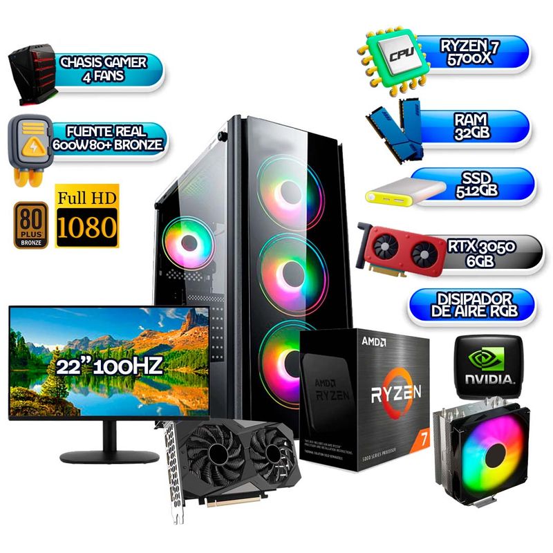 AMD - PC Gamer Ryzen 7 5700X + RTX 3050 6GB - 32GB RAM - SSD 512GB - MONITOR 22” 100Hz