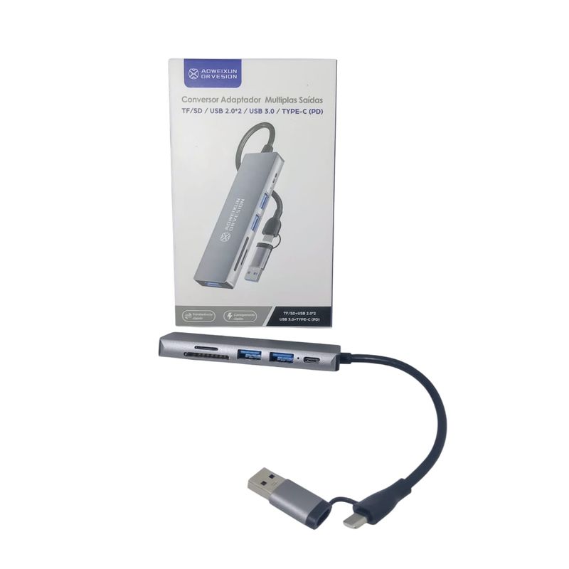 GENERICO - HUB 6 EN 1 CONVERSOR MULTISALIDAS TIPO C , USB 2.0 USB 3.0 + USB GRIS