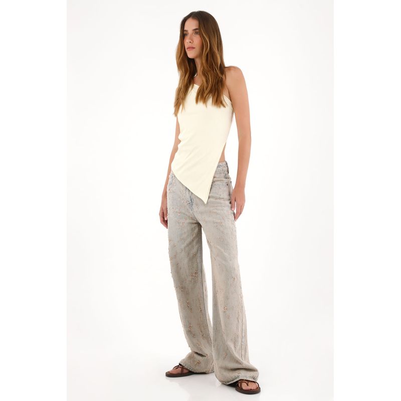 TENNIS - Jean Wide Leg de tiro alto con desgastes y textura para mujer