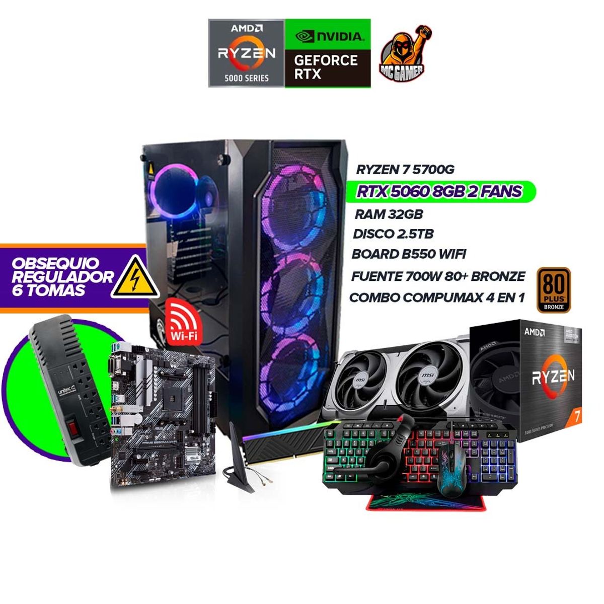 AMD - Torre Gamer RYZEN 7 5700G/ RTX 5060 8GB/ 32GB RAM/ 2.5TB/ B550 WIFI/ 700W BRZ