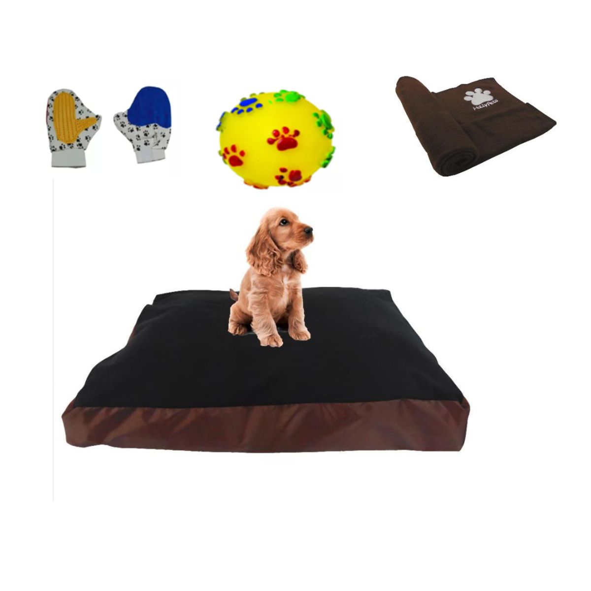 HALLY PET - Colchon Lavable Mediano+Cobija Mediana+Juguete+Guante Marron