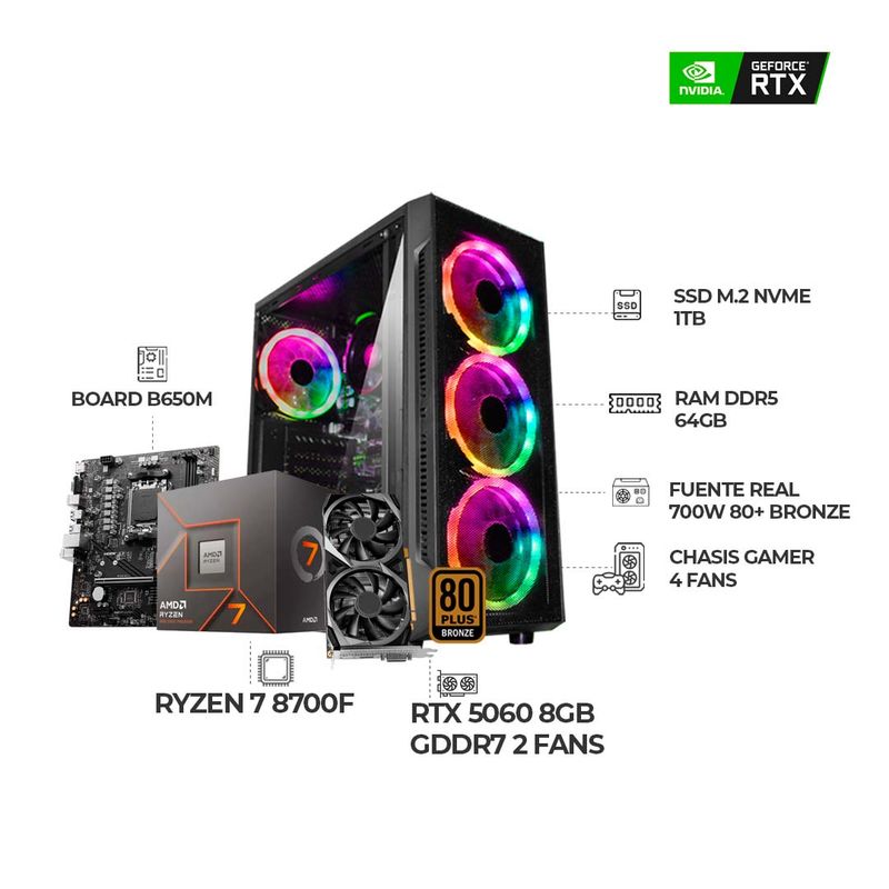 AMD - PC GAMER RYZEN 7 8700F + RTX 5060 8GB - RAM 64GB DDR5 SSD 1TB M.2 CHASIS RGB