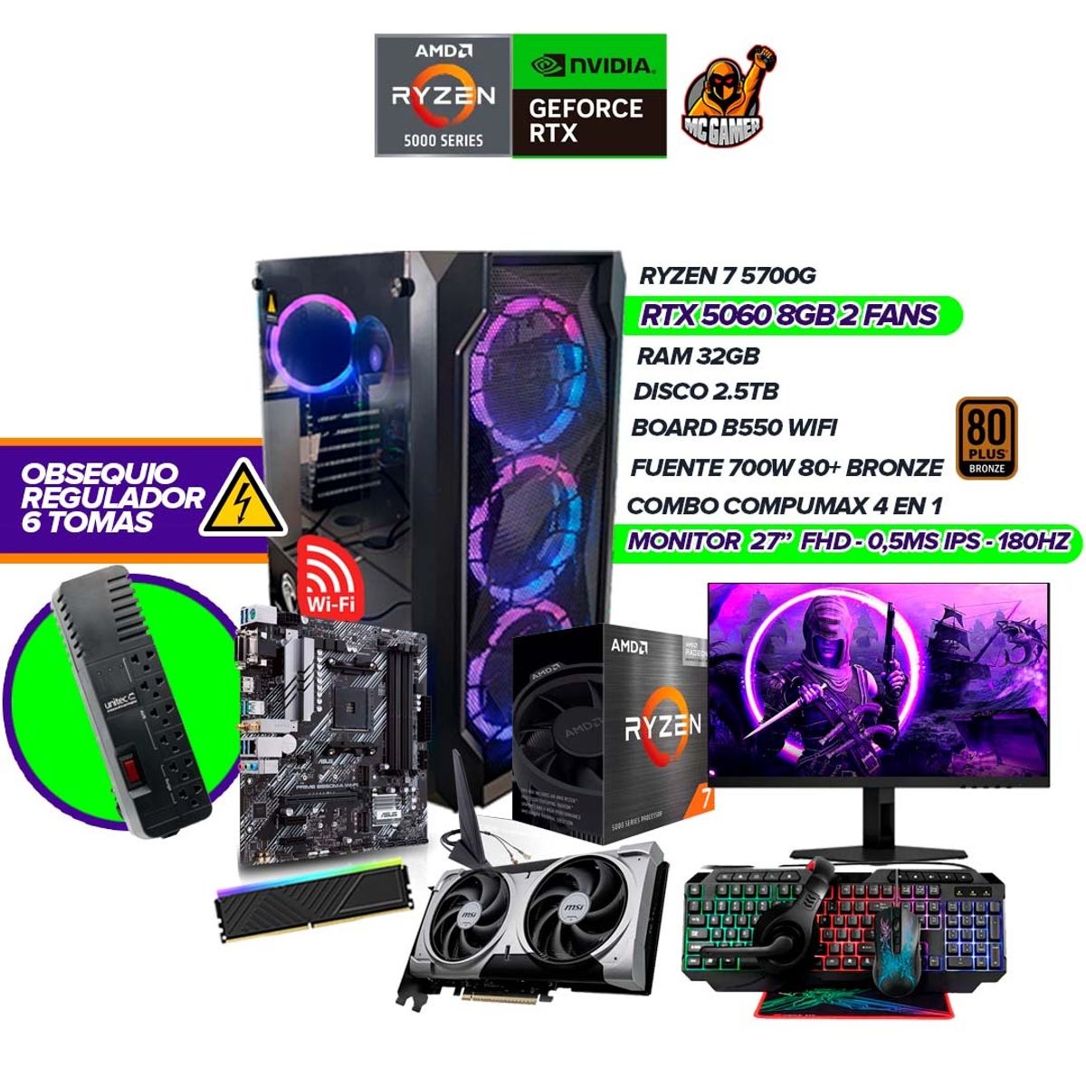 AMD - Torre Gamer RYZEN 7 5700G/RTX 5060/Monitor 27'' 180Hz/32GB RAM/2.5TB/B550/700W