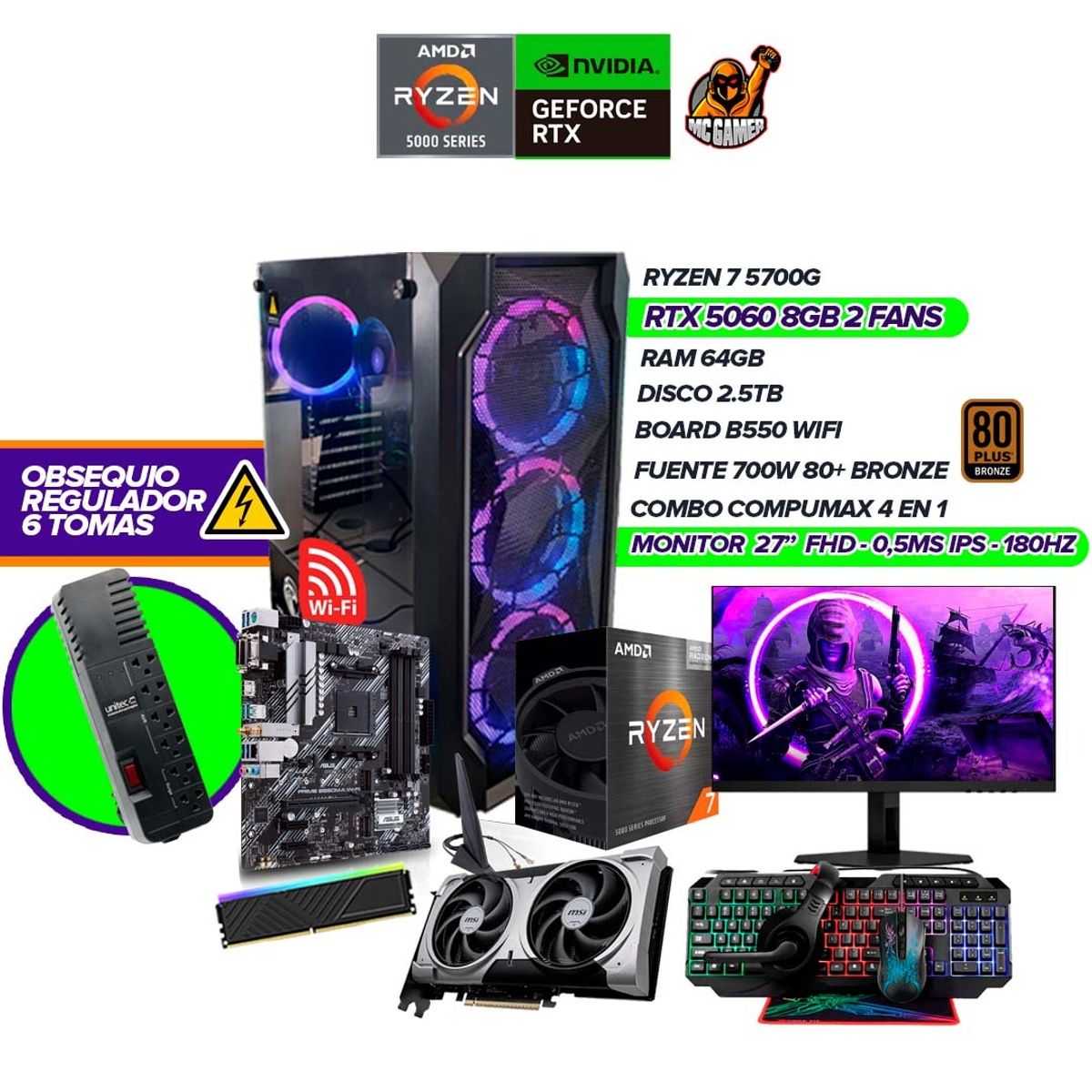 AMD - Torre Gamer RYZEN 7 5700G/RTX 5060/Monitor 27'' 180Hz/64GB RAM/2.5TB/B550/700W