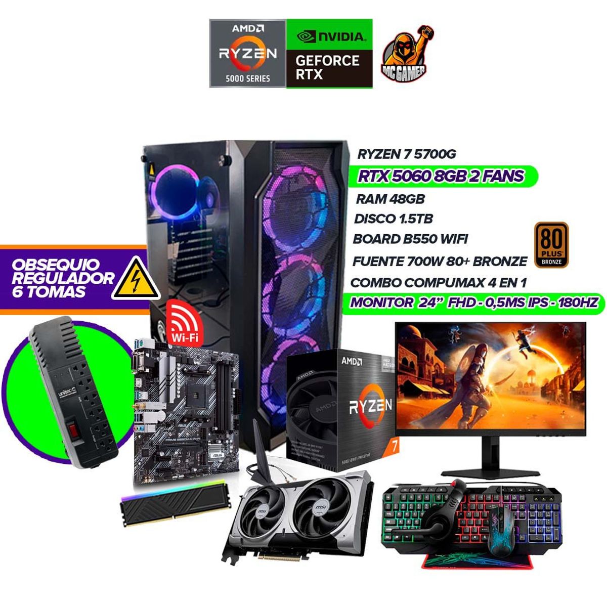 AMD - Torre Gamer RYZEN 7 5700G/RTX 5060/48GB RAM/1.5TB/B550/700W/Monitor 24" 180Hz