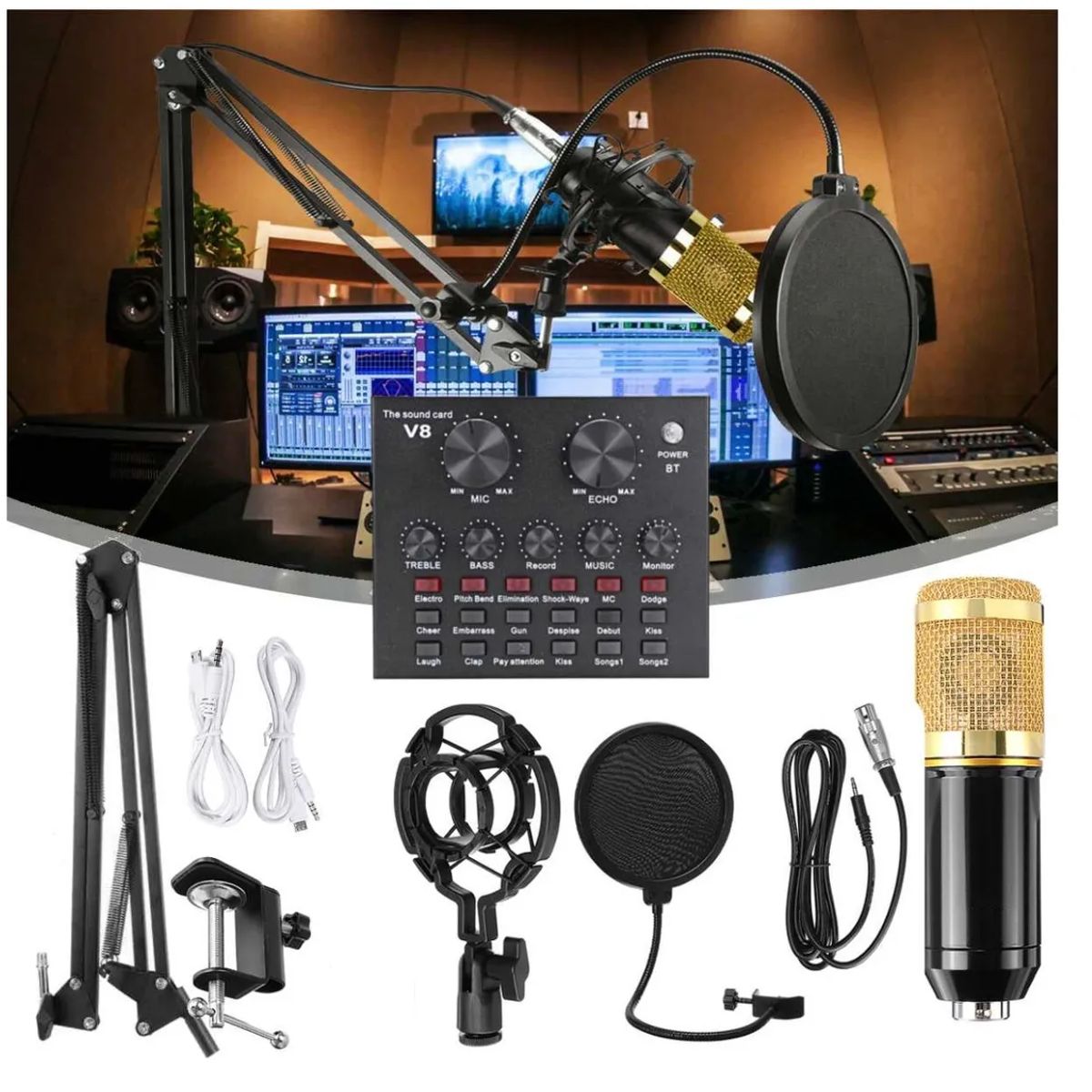 GENERICO - Kit Micrófono Profesional De Condensador + Tarjeta Sonido V8