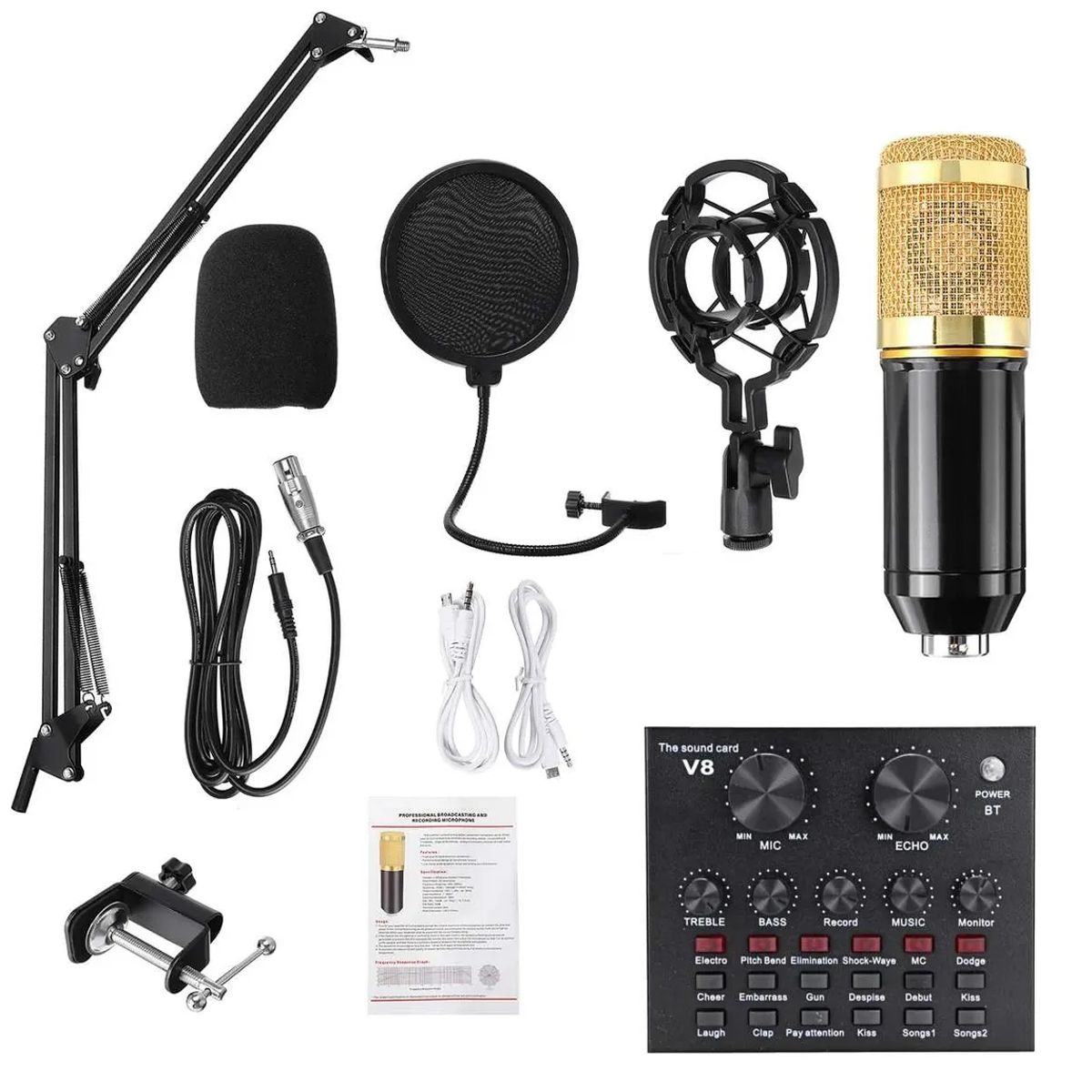 GENERICO - Kit Micrófono Profesional De Condensador + Tarjeta Sonido V8