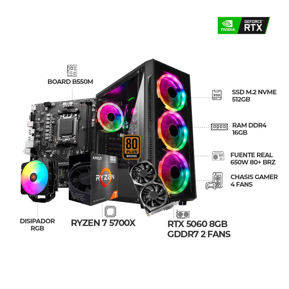 AMD - PC GAMER RYZEN 7 5700X+ RTX 5060 8GB+ B550 WIFI+ COOLER RGB- RAM 16GB  SSD 512GB