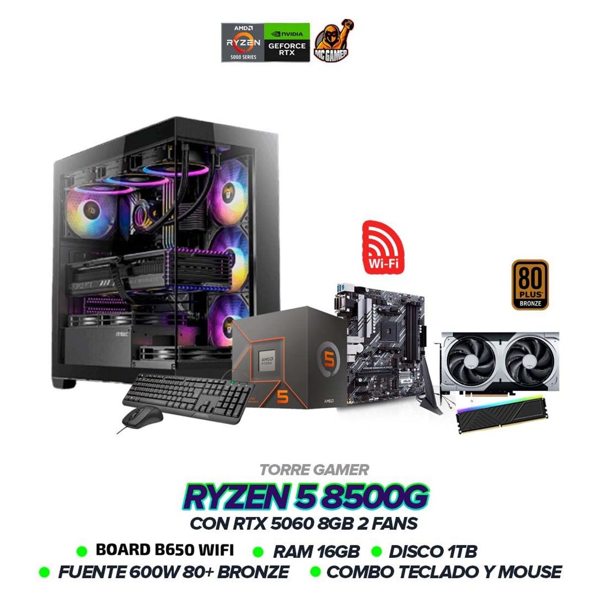 AMD - TORRE GAMER RYZEN 5 8500G / RTX 5060 8GB / B650 WIFI / 16GB RAM / 1TB / 600W BRZ