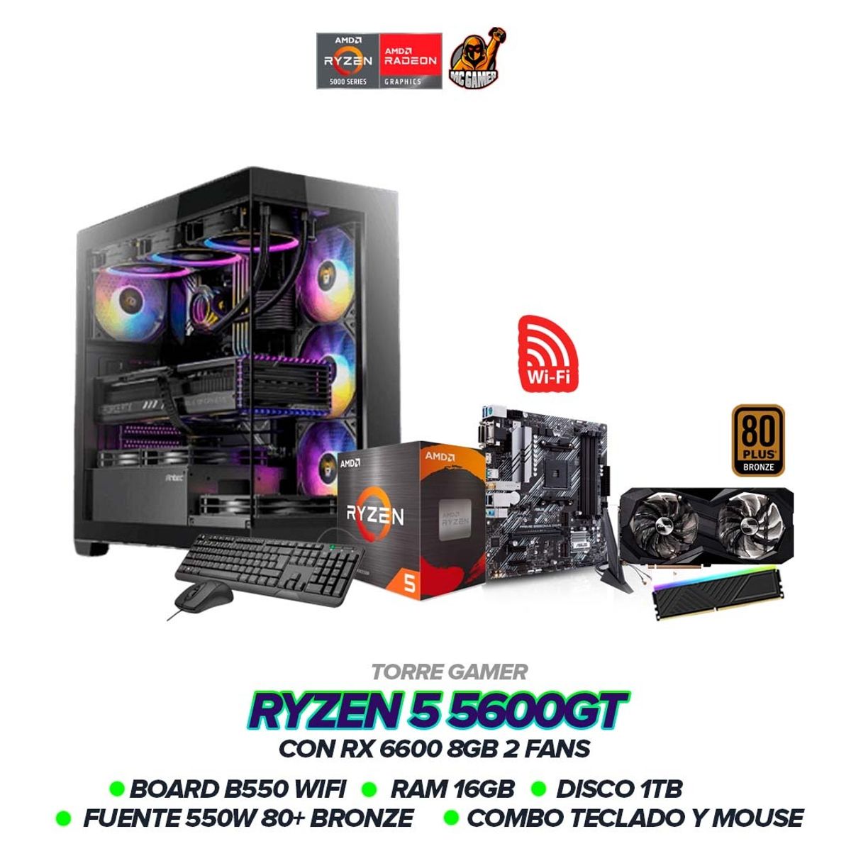 AMD - Torre Gamer Ryzen 5 5600GT/RX 6600 8GB/16GB RAM/1TB/B550 WiFi