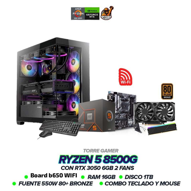 AMD - TORRE GAMER RYZEN 5 8500G / RTX 3050 6GB / B650 WIFI / 16GB RAM / 1TB / 600W