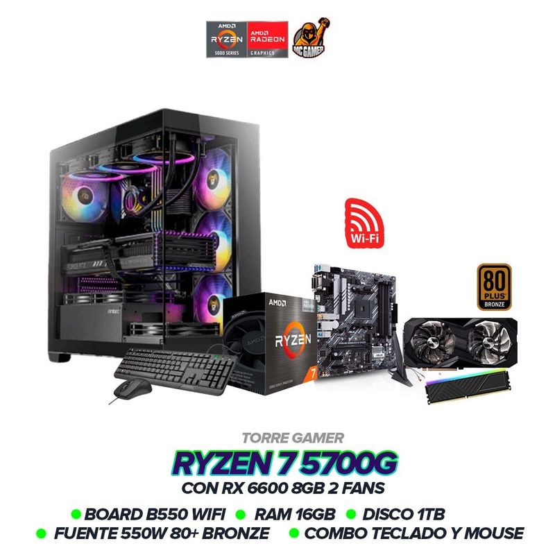 AMD - Torre Gamer Ryzen 7 5700G/RX 6600 8GB/16GB RAM/1TB/B550 WiFi/550W 80+ BRZ