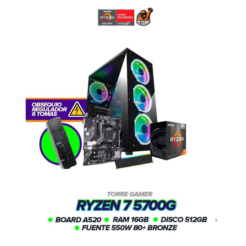 AMD - Torre Gamer Ryzen 7 5700G/Board A520/Ram 16GB/SSD 512GB/Fuente 550W 80