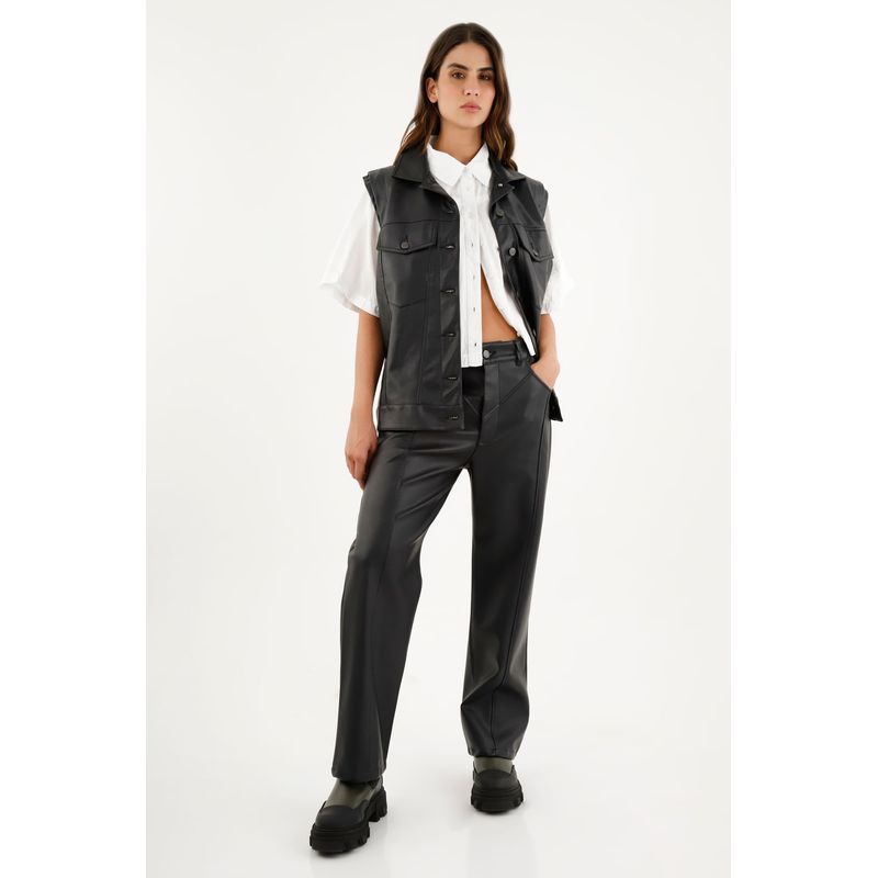 TENNIS - Chaleco negro en cuero sintético para mujer