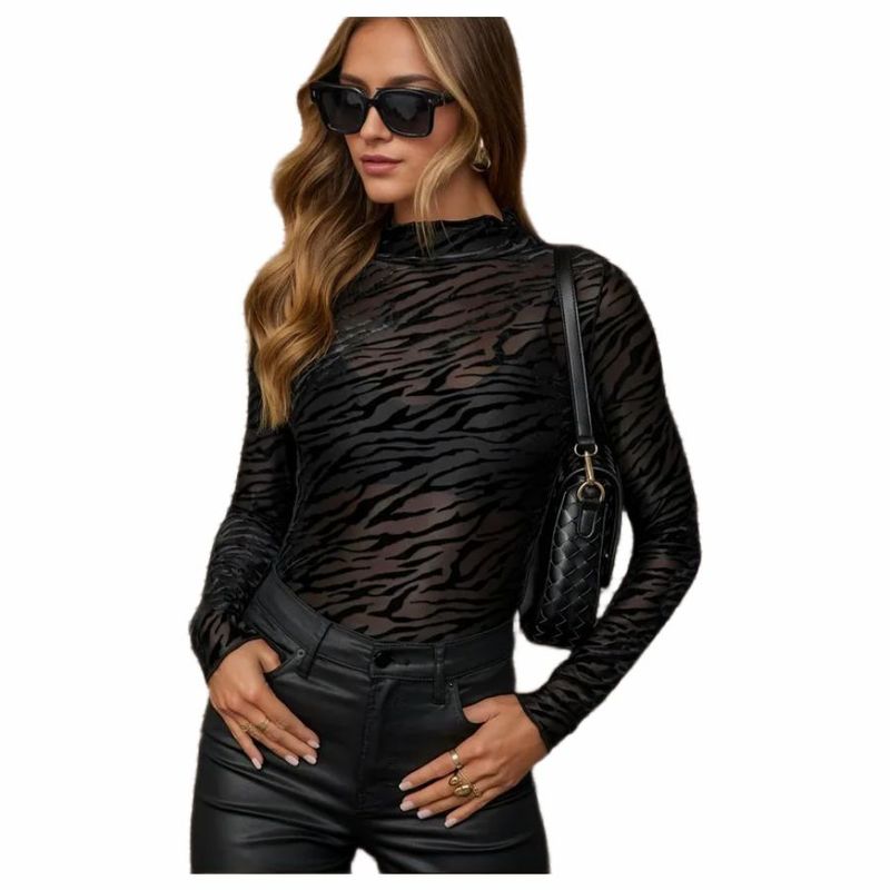 RAINBOW MODA - Blusa Mujer Animal Print Transparencia estampado negra