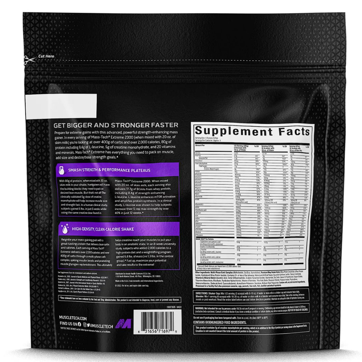 MUSCLETECH - Proteina Mass Tech - Crecimiento muscular Extreme 2000 6lb - Vainilla