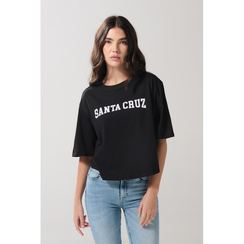 KOAJ - KOAJ Camiseta crop top negra oversize con texto college blanco MUJER