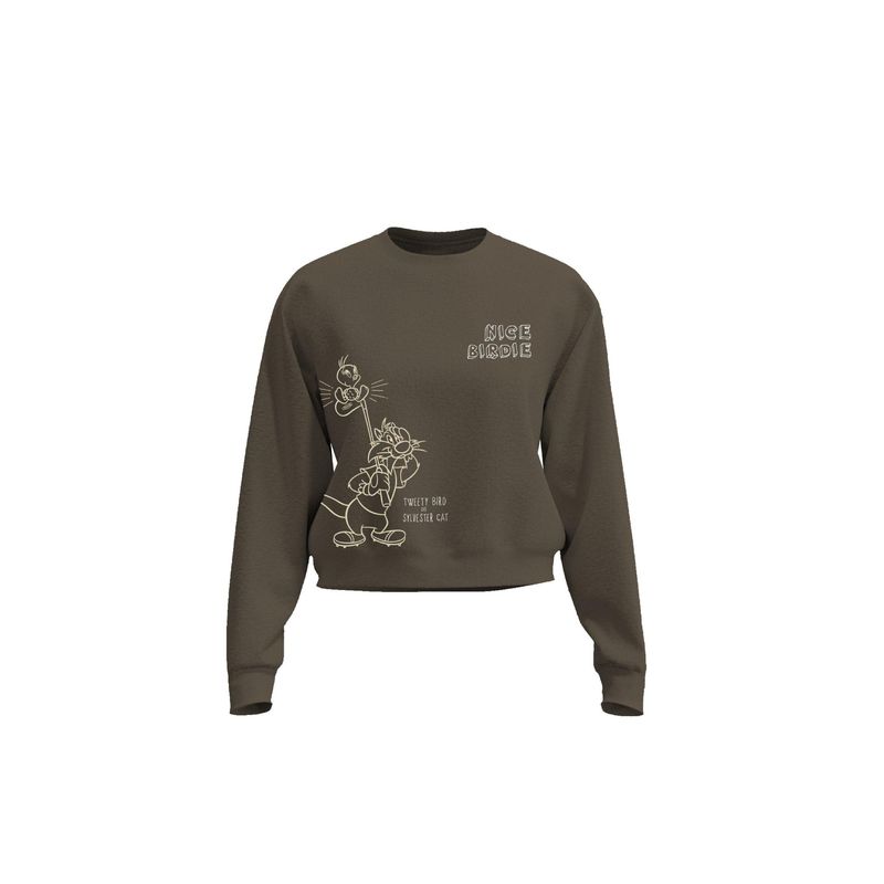 KOAJ - KOAJ Buzo verde oscuro cuello redondo con diseño de Looney T Mujer