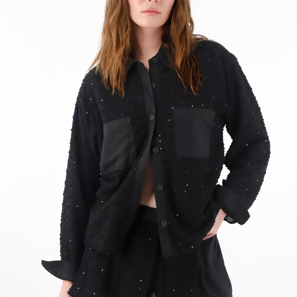 TENNIS - Camisa con detalles de lentejuelas y lino negra para mujer