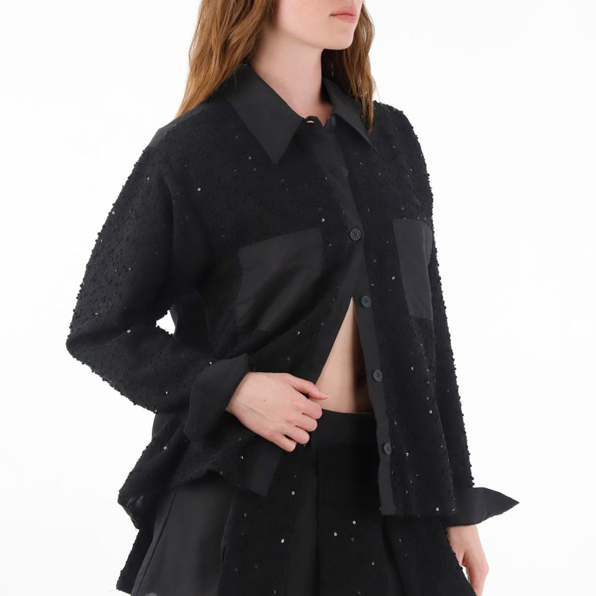 TENNIS - Camisa con detalles de lentejuelas y lino negra para mujer