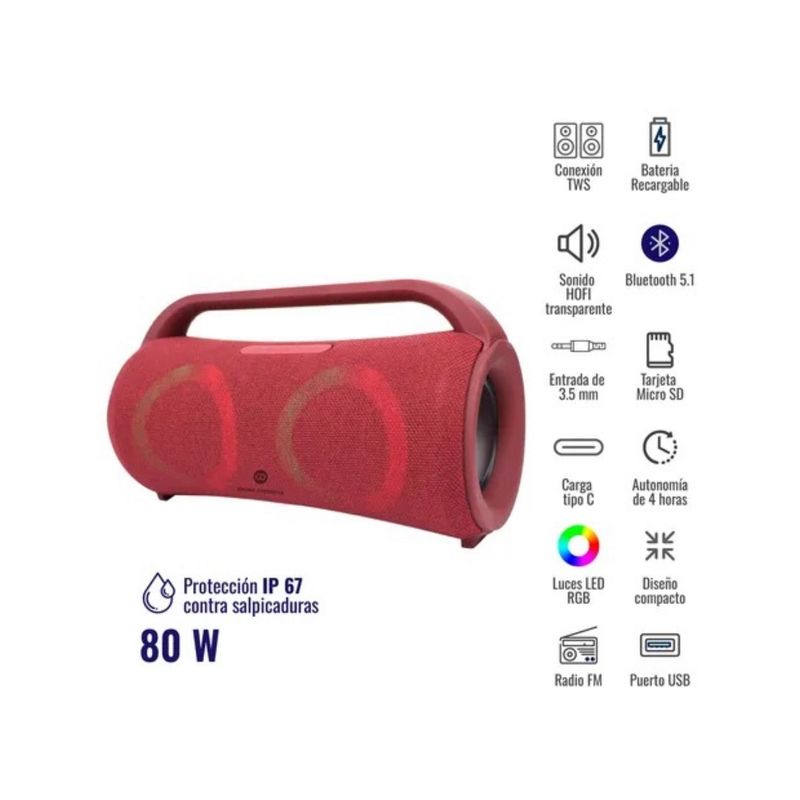 GENERICO - Parlante Bluetooth B27 Inalámbrico con Luces RGB USB Radio FM Rojo