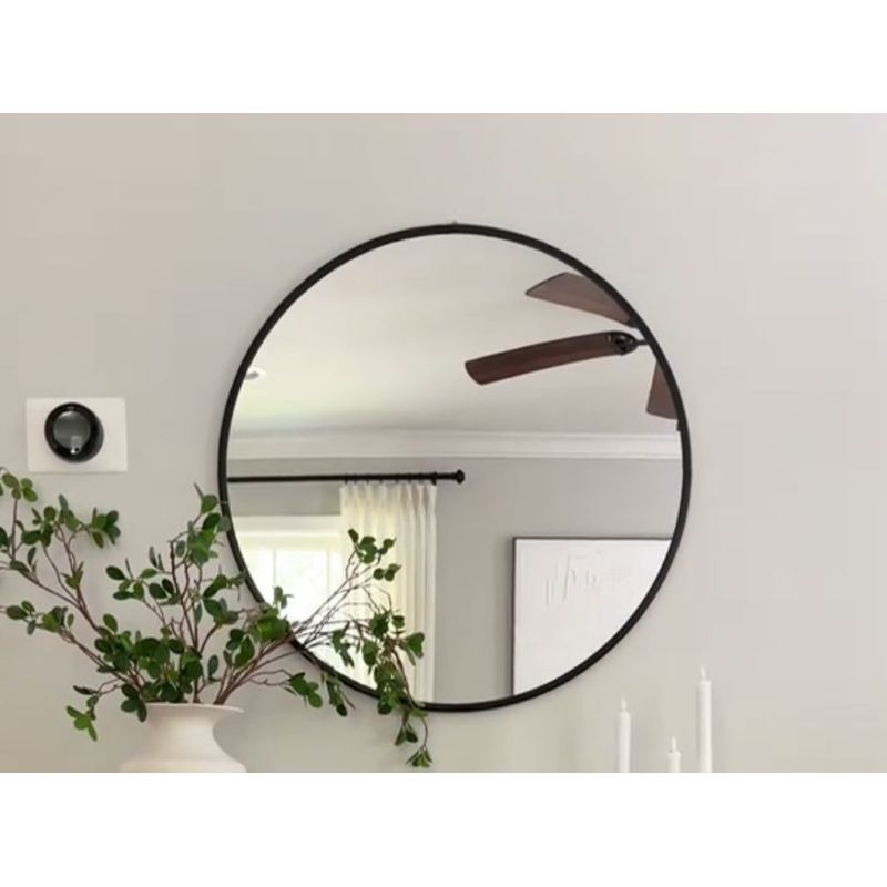 GENERICO - Conjunto mesa recibidora negra con madera y espejo redondo 60 cm