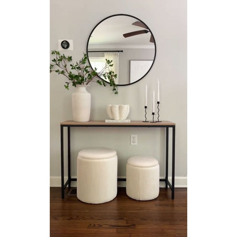 GENERICO - Conjunto mesa recibidora negra con madera y espejo redondo 80 cm