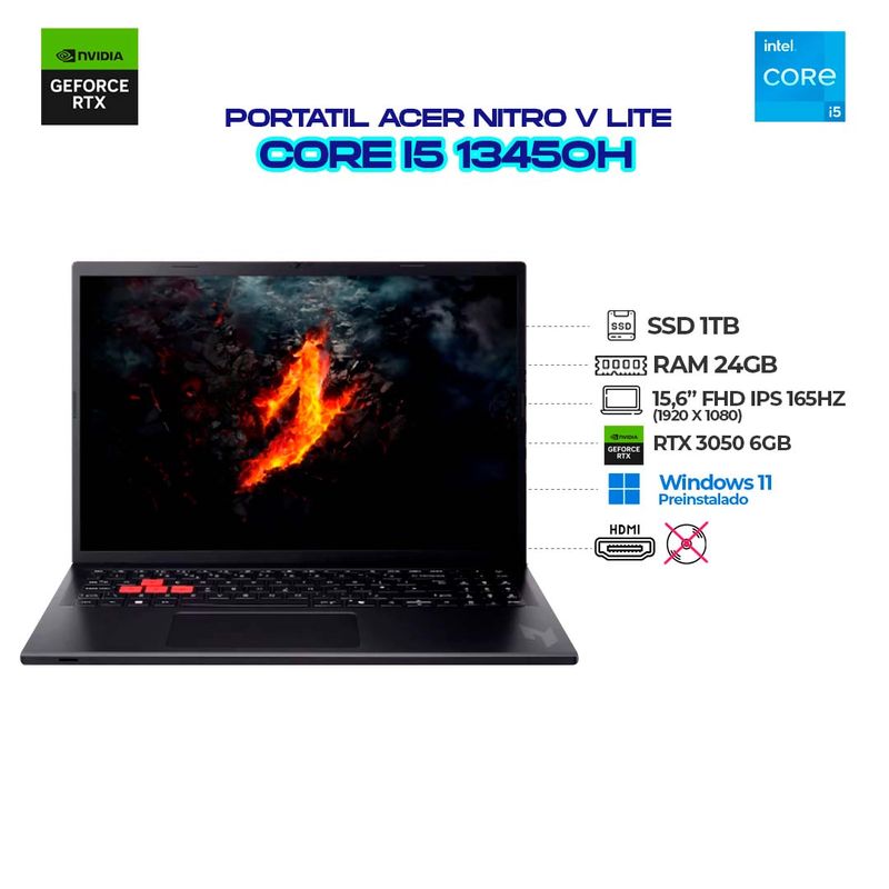 ACER - PORTATIL  ACER NITRO LITE 16" FHD 165HZ - CI5-13450H RTX 3050 6GB - RAM 24GB SSD 1TB FUNDA + MOUSE