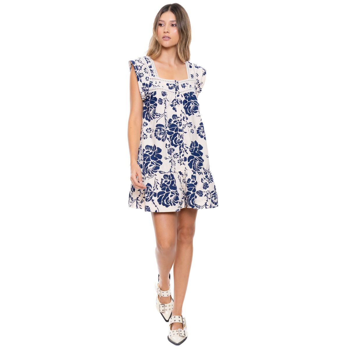 COLOR BLUE - Vestido Corto Con Estampado De Flores