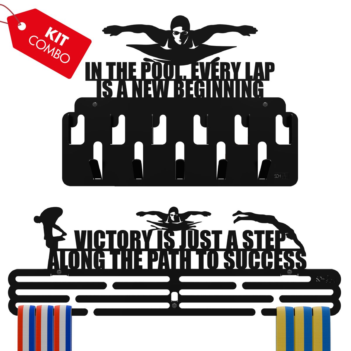 SOH DESIGN - Set x2  percheros para medallas y accesorios swimming pintado negro