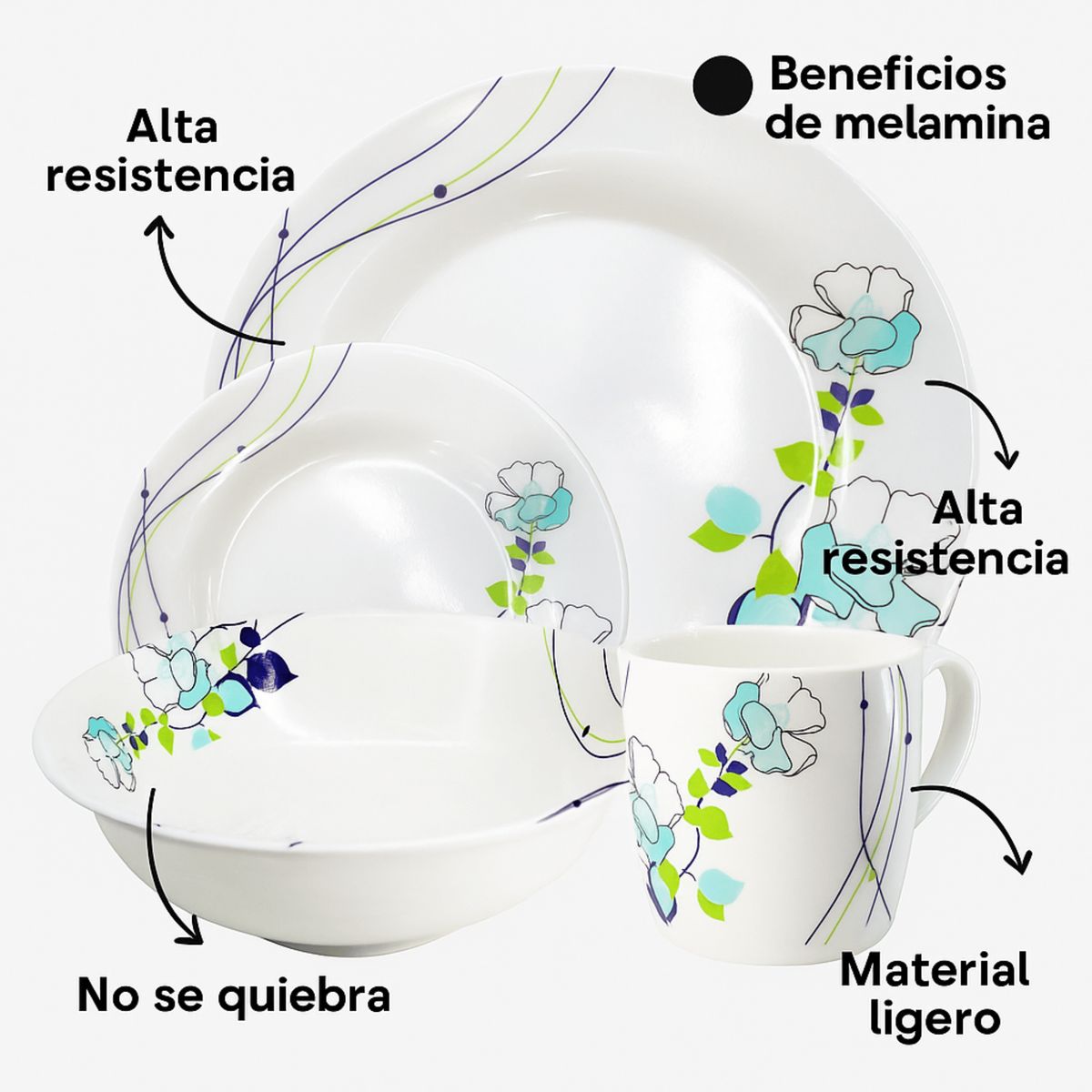 KITCHENWARE - VAJILLA CLASICA BLANCA EN MELAMINA CON DISEÑO EN FLORES