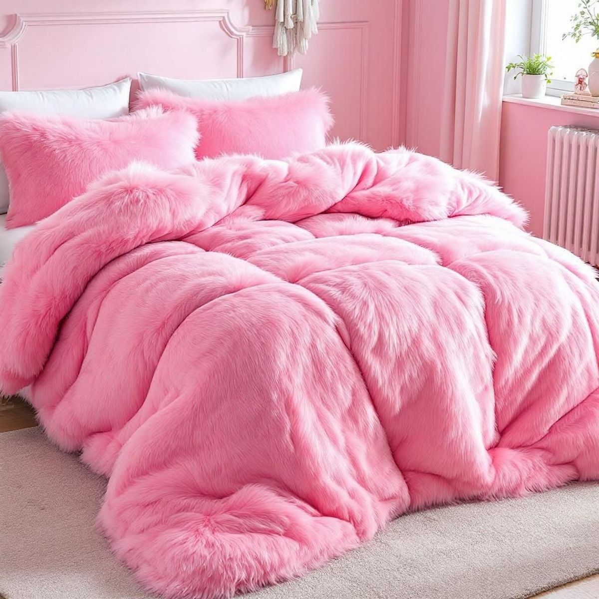VOYPRE - Edredón Grueso Pelo de Oso en Poliéster Tamaño Doble Rosado