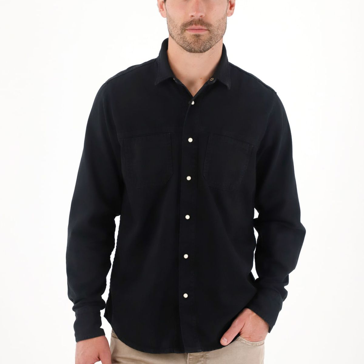 TENNIS - Camisa en dril liviano manga larga negra para hombre
